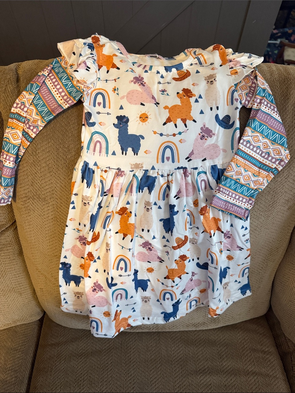 Girls' White Llama Print Long Sleeve Casual Dress with Multicolor Sleeves